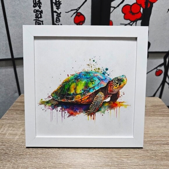 8x8 Framed Painted Turtle Watercolor Oil Painting‎ Wildlife Photography Print - Picture 1 of 5